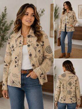 Artsy Geometric Retro Medium Jacket Beige Black Button Front Draper’s & Damon’s